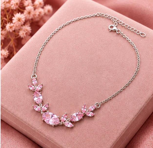 Necklace for Women Pink Tulip – Elegant Floral Design with Sparkling Pink Stones, Silver-Tone Chain