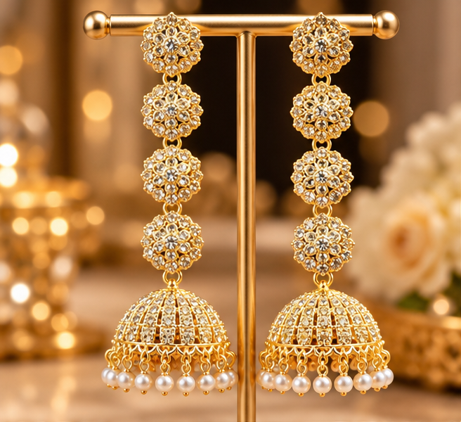 Earrings for Women Golden Bridal With Silver Crystal Pearl Jhumka