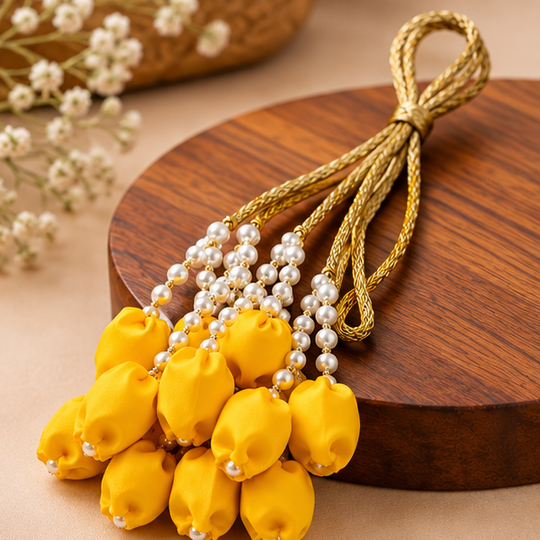 Yellow Tulip Paranda with Golden Braided Cords & Pearl Bead Tassels – Traditional Bridal Hair Accessory