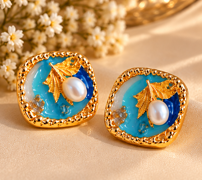 Elegant Turquoise & Gold Pearl Stud Earrings