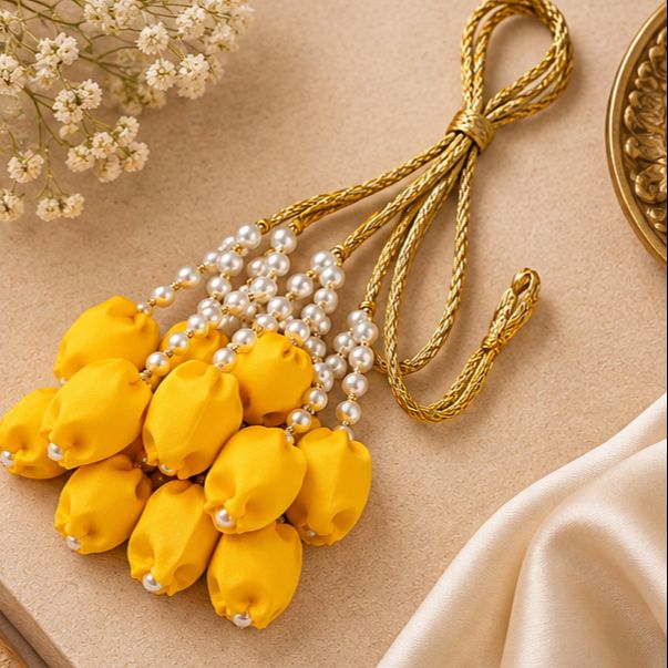 Yellow Tulip Paranda with Golden Braided Cords & Pearl Bead Tassels – Traditional Bridal Hair Accessory