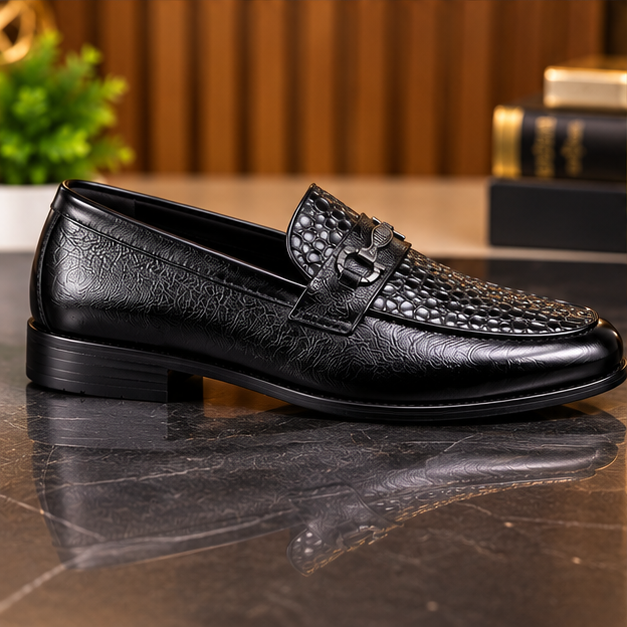MOCHI Premium Shoes For Men Leather Black Textured Slip-On Shoes with Metal Buckle