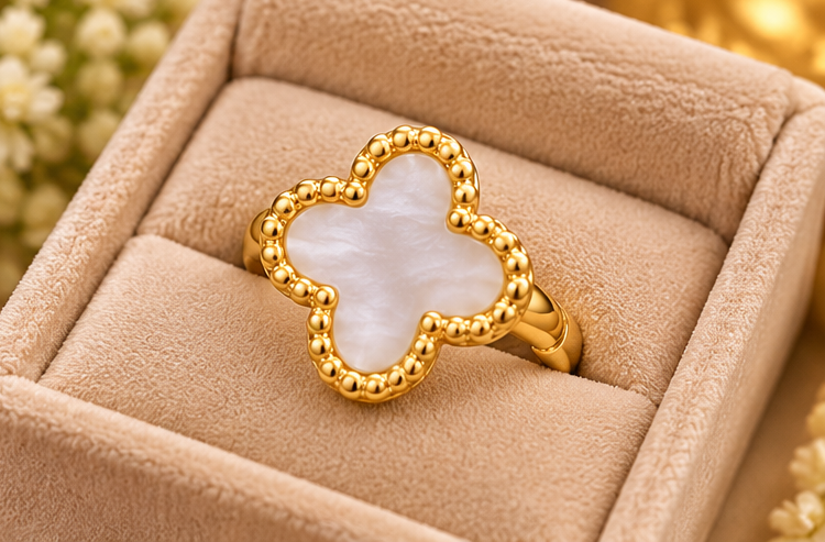 Four Leaf White Cover Earring Set For Women Gold Plated Stainless Steel 4 Leaf Ear Jewelry