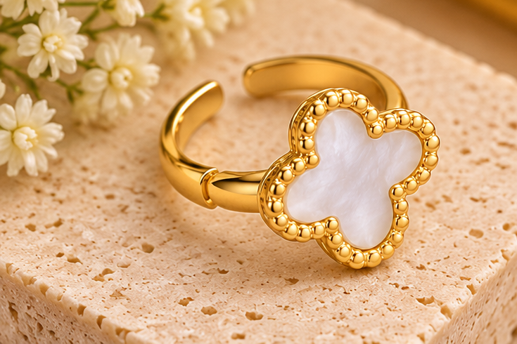 Four Leaf White Cover Earring Set For Women Gold Plated Stainless Steel 4 Leaf Ear Jewelry