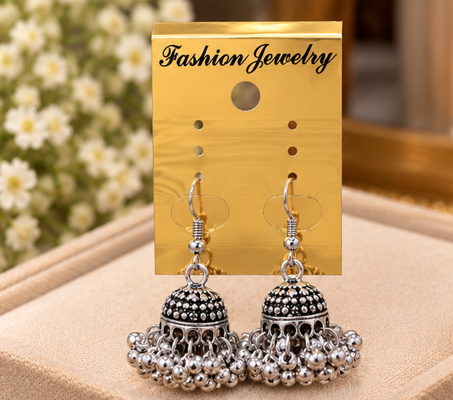 Elegant Mini Oxidized Silver Jhumki Earrings – Traditional Beaded Dome Drop Earrings for Women