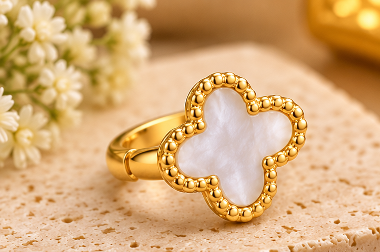 Four Leaf White Cover Earring Set For Women Gold Plated Stainless Steel 4 Leaf Ear Jewelry