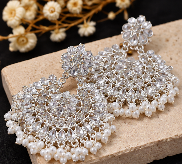 Earrings  for Woman Elegant Silver Crystal Chandbali with Pearl Beaded Fringe