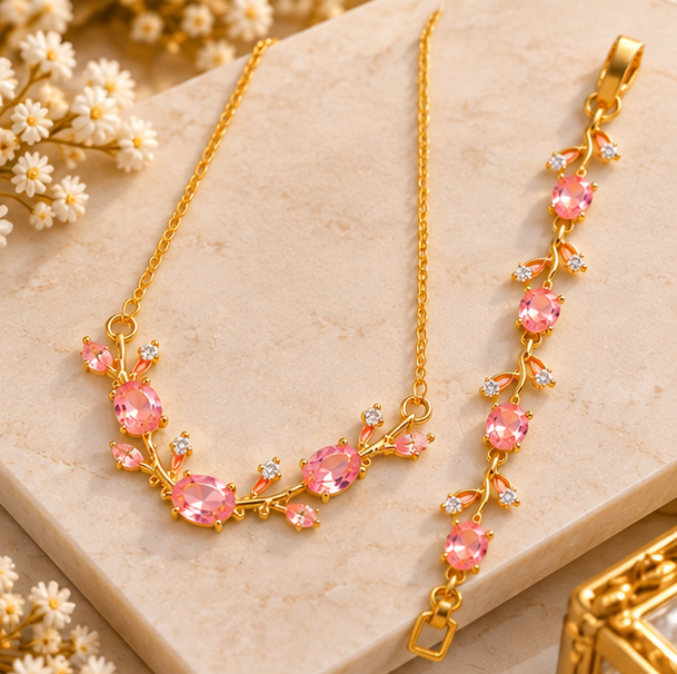 Elegant Pink Tulip Bracelet & Necklace Set