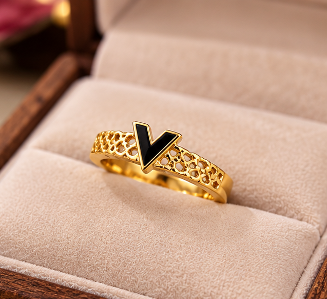 V-Design Stainless Steel Ring With Golden Color
