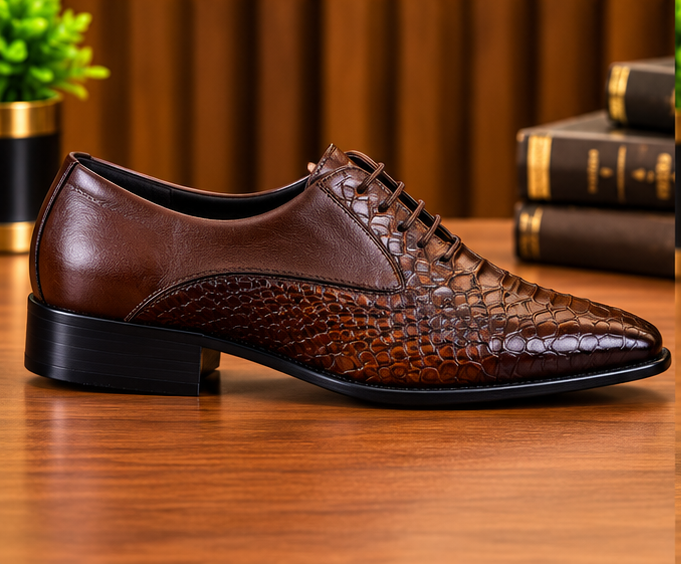 MOCHI Shoes For  Men’s Genuine Leather Brown Formal Shoes – Premium Crocodile-Texture Lace-Up Oxford Shoes