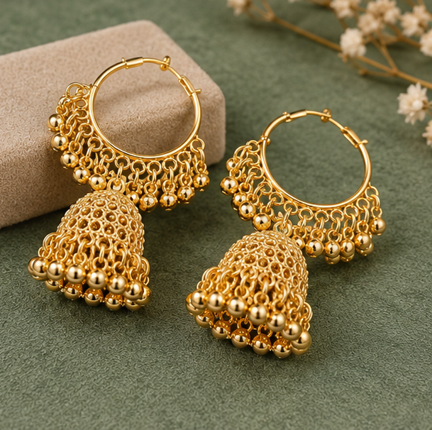 Golden Earrings for woman Elegant vintage style jhumka hoop with hanging beads for Women