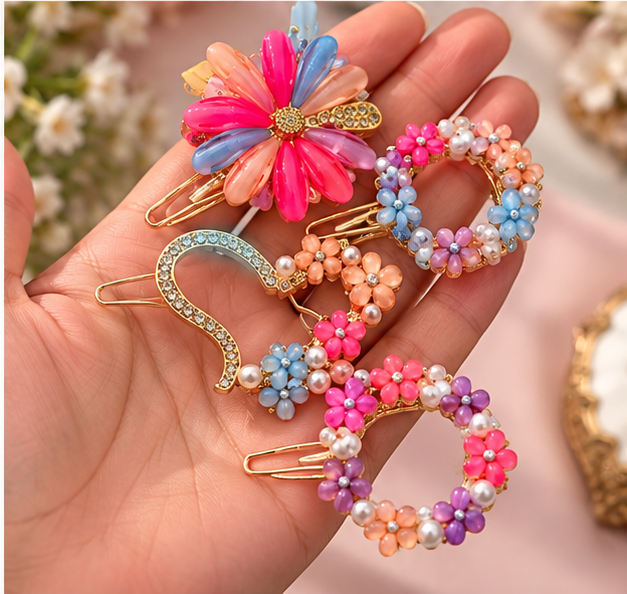 Pins for Girls & Women Set of 4 Multicolor Floral Hair