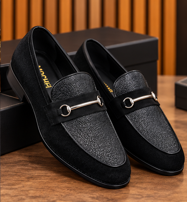 MOCHI Shoes For Men’s Genuine Leather Black Fornal Shoes– Premium Textured Formal Shoes with Silver Horsebit Buckle