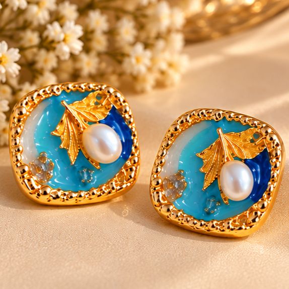 Elegant Turquoise & Gold Pearl Stud Earrings
