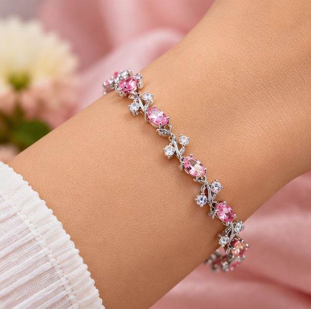 Elegant Pink Crystal Vine Bracelet for Women – Silver-Tone Floral Link Chain with Sparkling