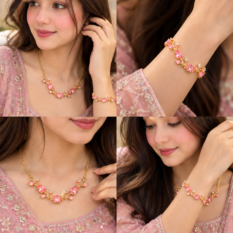 Elegant Pink Tulip Bracelet & Necklace Set
