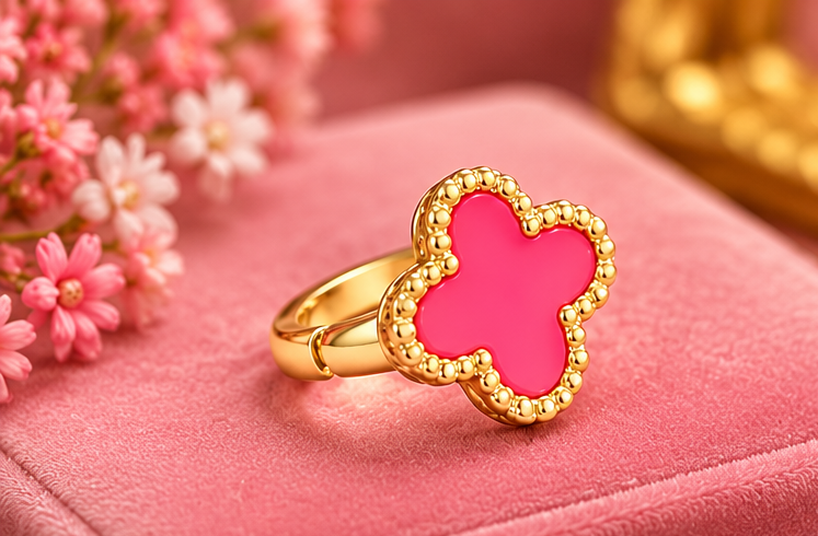 Four Leaf Pink Cover Earring Set For Women Gold Plated Stainless Steel 4 Leaf Ear Jewelry