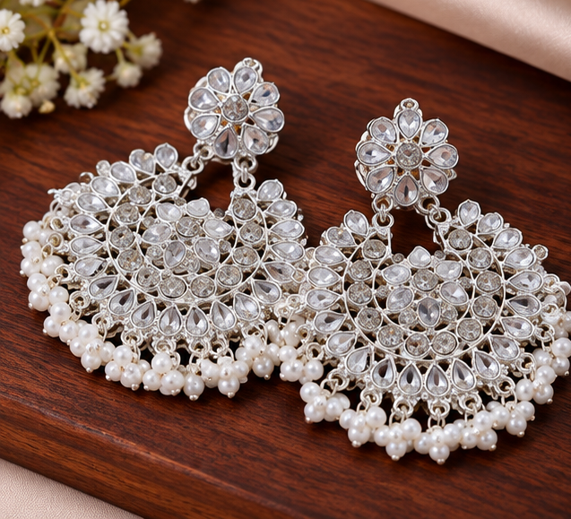 Earrings  for Woman Elegant Silver Crystal Chandbali with Pearl Beaded Fringe