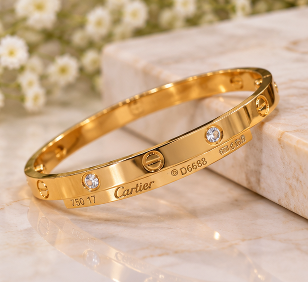 Bangle Bracelet Luxury Gold Screw Design – Elegant Crystal Studded Cartier-Style Hand Cuff for Women