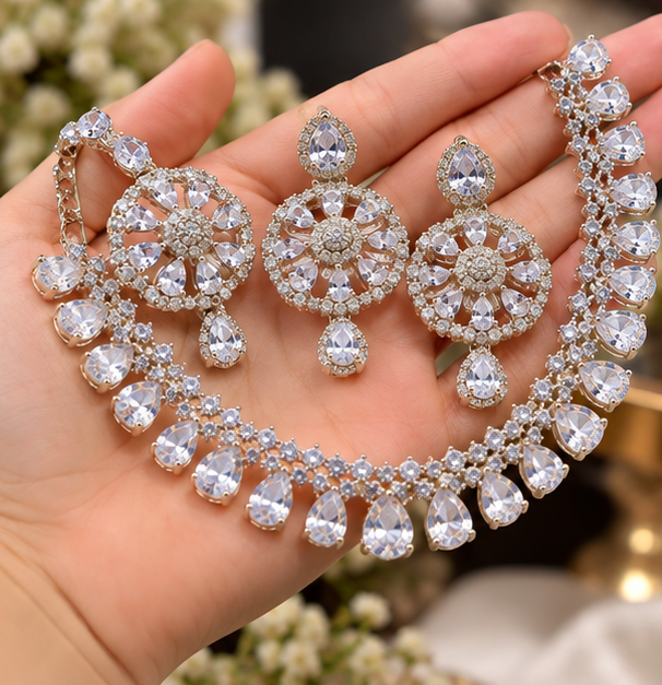 Zarkan Elegant Bridal Crystal Silver Jewelry Set