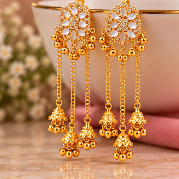 Kashmiri Golden Traditional Long Chandelier Earrings