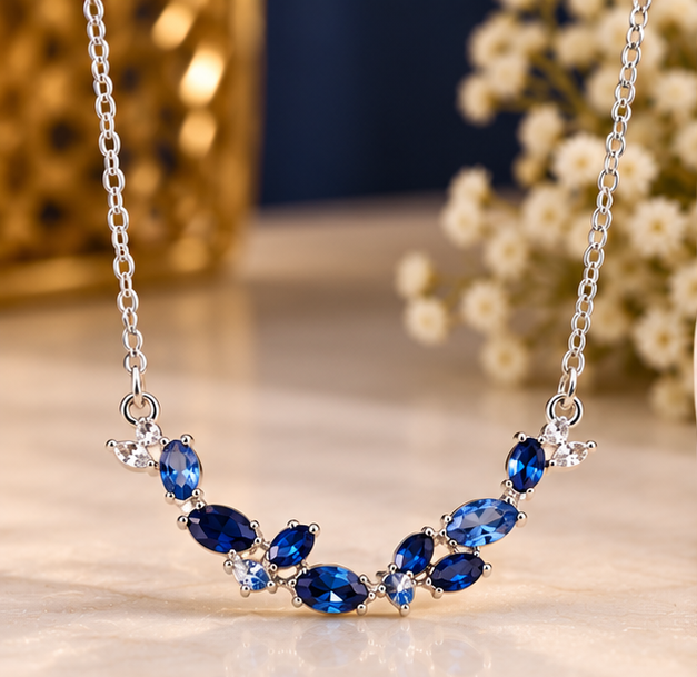 Necklace for Women Stainless Steel Blue Tulip – Elegant Floral Design with Sparkling Blue Stones, Silver-Tone Chain
