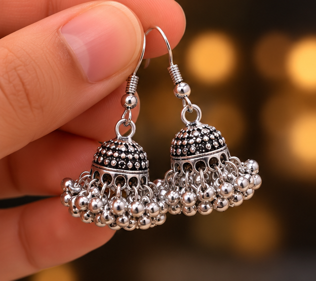 Elegant Mini Oxidized Silver Jhumki Earrings – Traditional Beaded Dome Drop Earrings for Women