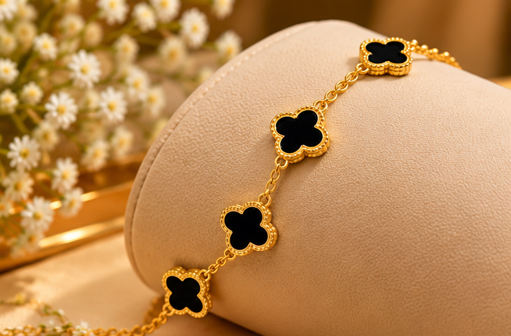 Black Four Leaf Clover Bracelet For Woman | Best Selling Stainless Steel Jewelry Set For Girls