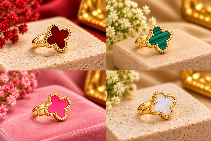 Four Leaf Black Cover Earring Set For Women Gold Plated Stainless Steel 4 Leaf Ear Jewelry