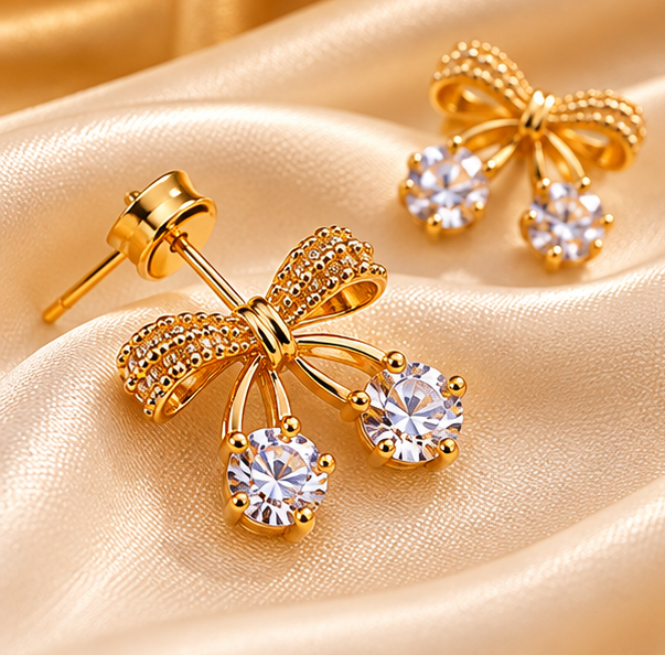 Elegant Gold Bow Crystal Drop Earrings