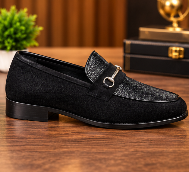 MOCHI Shoes For Men’s Genuine Leather Black Fornal Shoes– Premium Textured Formal Shoes with Silver Horsebit Buckle