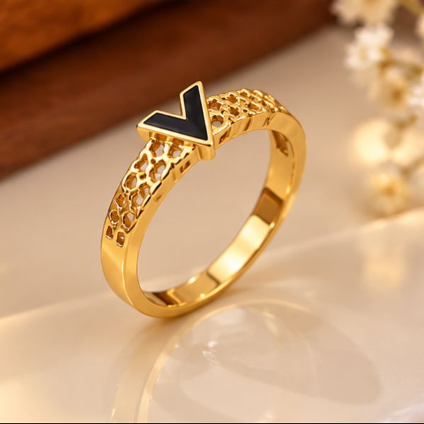 V-Design Stainless Steel Ring With Golden Color