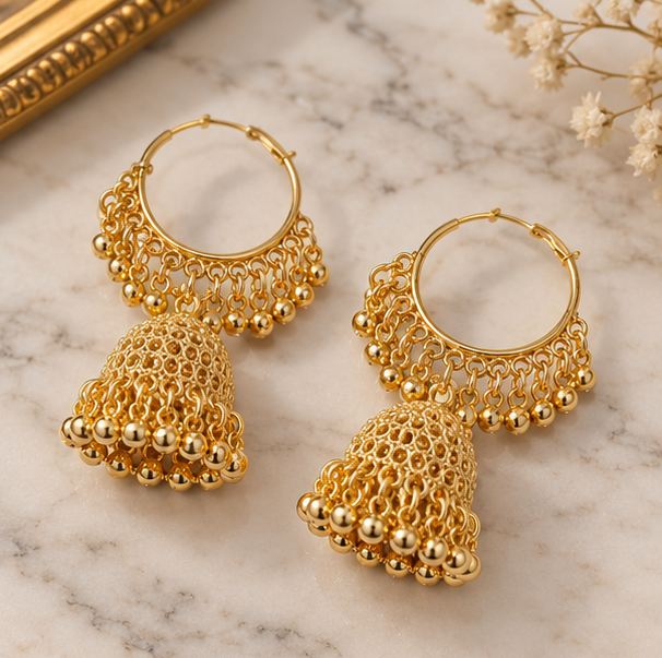 Golden Earrings for woman Elegant vintage style jhumka hoop with hanging beads for Women