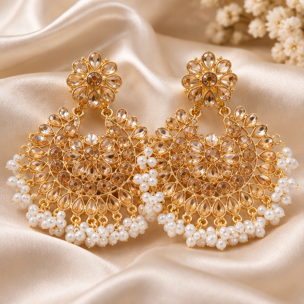 Earrings for woman Elegant Golden Crystal Chandbali with Pearl Fringe