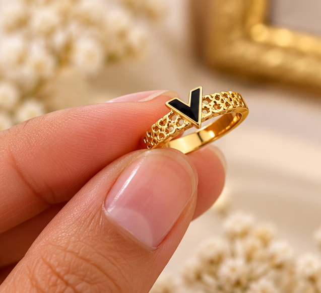 V-Design Stainless Steel Ring With Golden Color