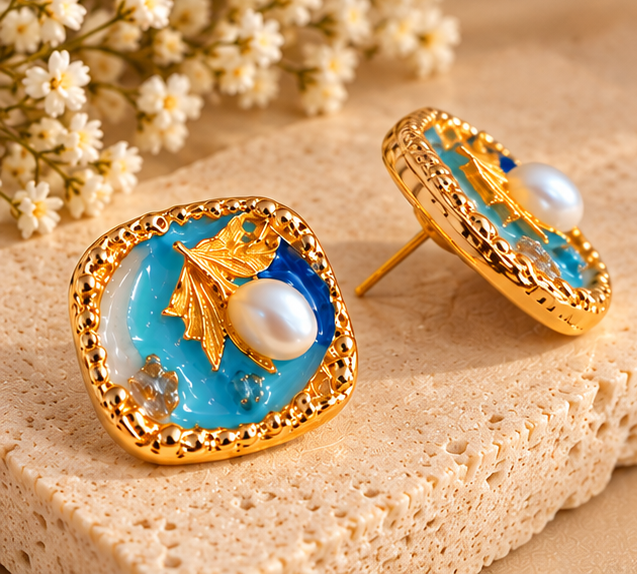 Elegant Turquoise & Gold Pearl Stud Earrings