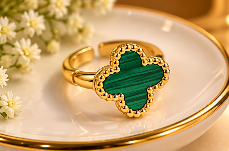 Four Leaf Green Cover Earring Set For Women Gold Plated Stainless Steel 4 Leaf Ear Jewelry