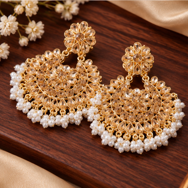 Earrings for woman Elegant Golden Crystal Chandbali with Pearl Fringe