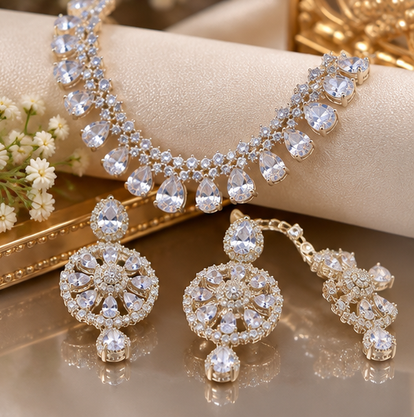 Zarkan Elegant Bridal Crystal Silver Jewelry Set