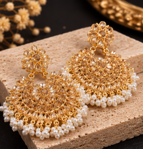 Earrings for woman Elegant Golden Crystal Chandbali with Pearl Fringe
