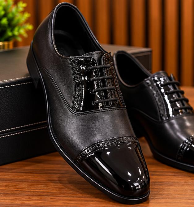 MOCHI Shoes Fore  Men’s Genuine Leather Black Formal Shoes – Premium Patent Leather Cap-Toe Lace-Up Oxford Shoes