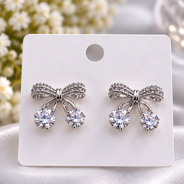 Elegant Silver Bow Crystal Drop Earrings