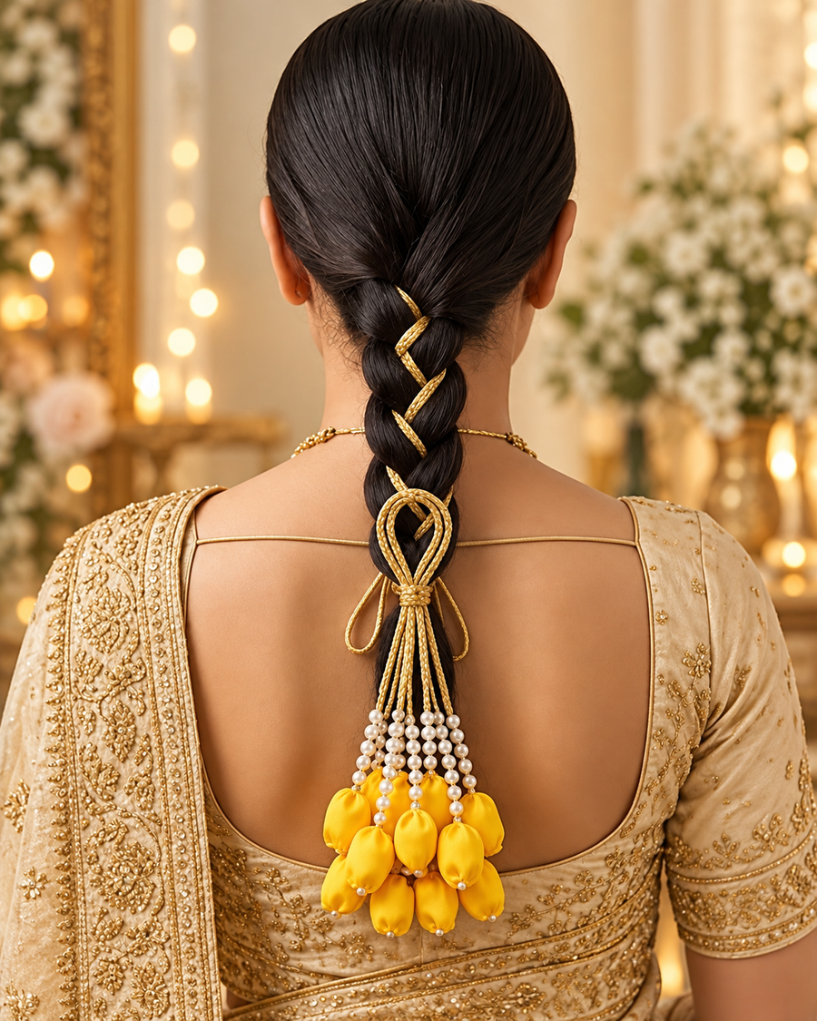 Yellow Tulip Paranda with Golden Braided Cords & Pearl Bead Tassels – Traditional Bridal Hair Accessory