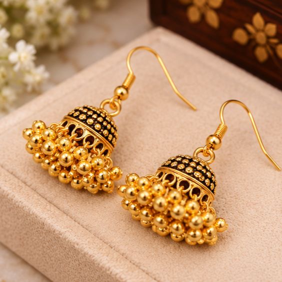 Jhumka Earrings Royal Gold Mini – Traditional Beaded Dome Drop Earrings for Women