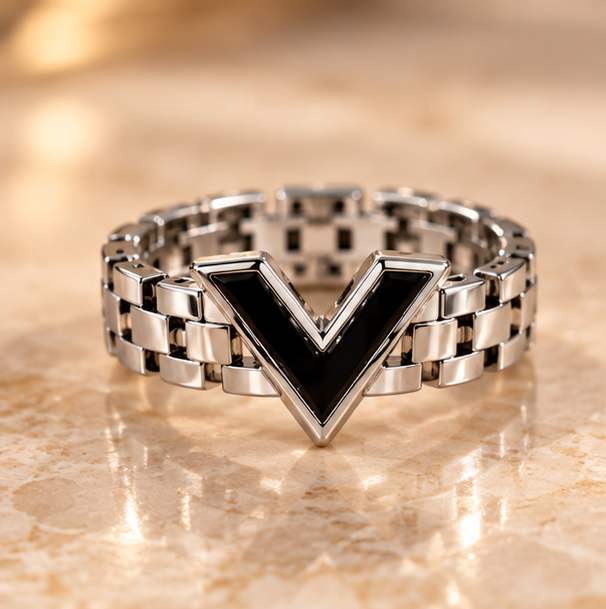 Black V Design  Ring  Silver Stainless Steel–  Fashion Ring, Elegant Party Wear Jewelry