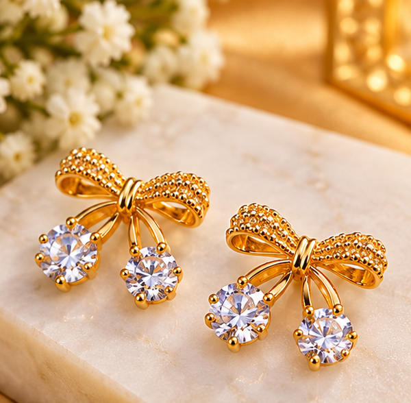 Elegant Gold Bow Crystal Drop Earrings