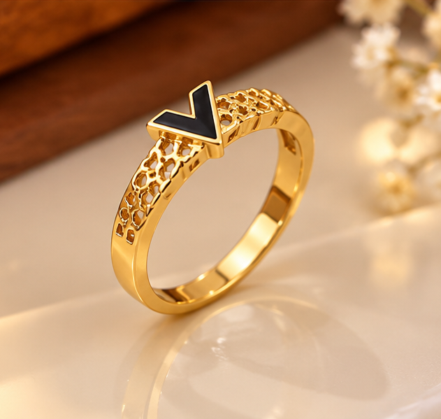 V-Design Stainless Steel Ring With Golden Color