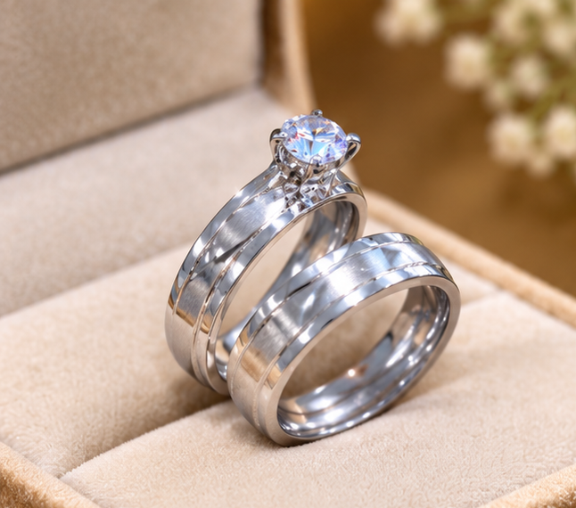 Couple Rings Set  Elegant Silver – Sparkling Solitaire Matching Band for Him and Her