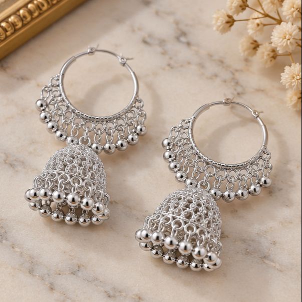 Silver Earrings for woman vintage style jhumka hoop Silver Earrings with hanging beads for Women