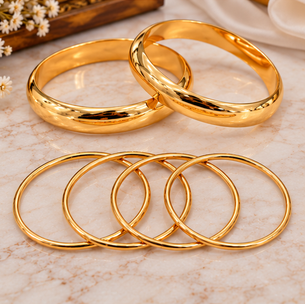 6 Pcs Golden Bangles Vintage Smooth Set For Women